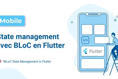 Illustration d'un développeur travaillant sur la **state management** dans une application mobile Flutter.