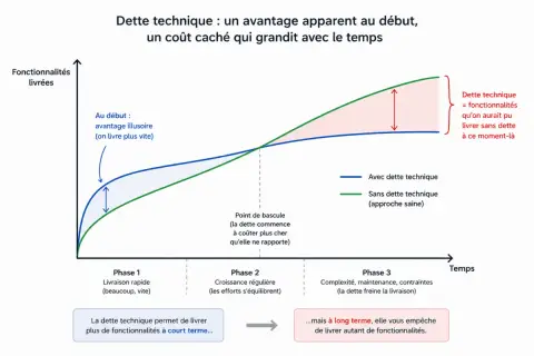 Courbe montrant que la dette technique permet une livraison rapide au début, mais freine la maintenance corrective et évolutive à long terme.