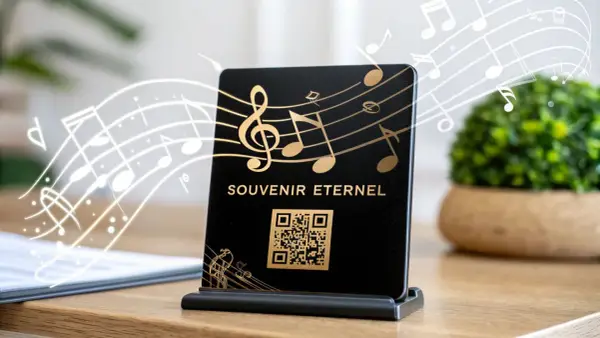 Carte "Souvenir Éternel" avec QR code et notes de musique. Idéal pour savoir comment créer une playlist gratuitement et partager vos musiques préférées.