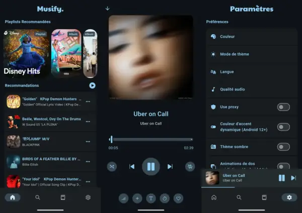 L'application Musify, une plateforme de musique open source, affiche des playlists recommandées, des suggestions de titres et les paramètres de l'application.